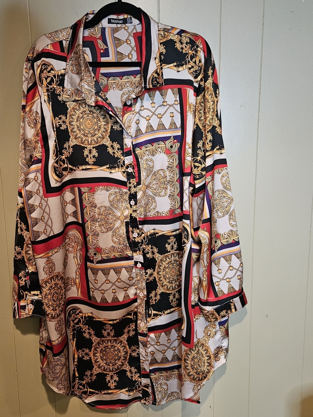 Boohoo Plus Size 20 Chain Scarf Print Shirt Dress Red Gold Black Baroque Midi Dr